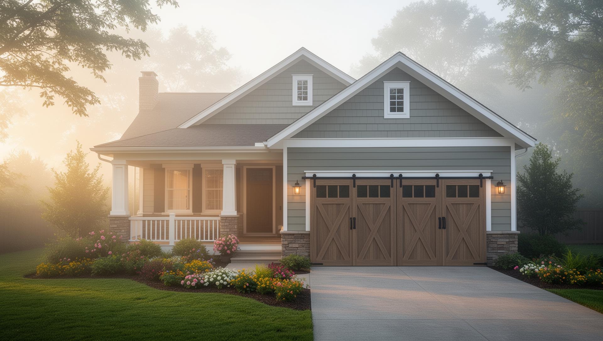Beautiful craftsman home with premium farmhouse barn-style garage doors in Harvard, MA